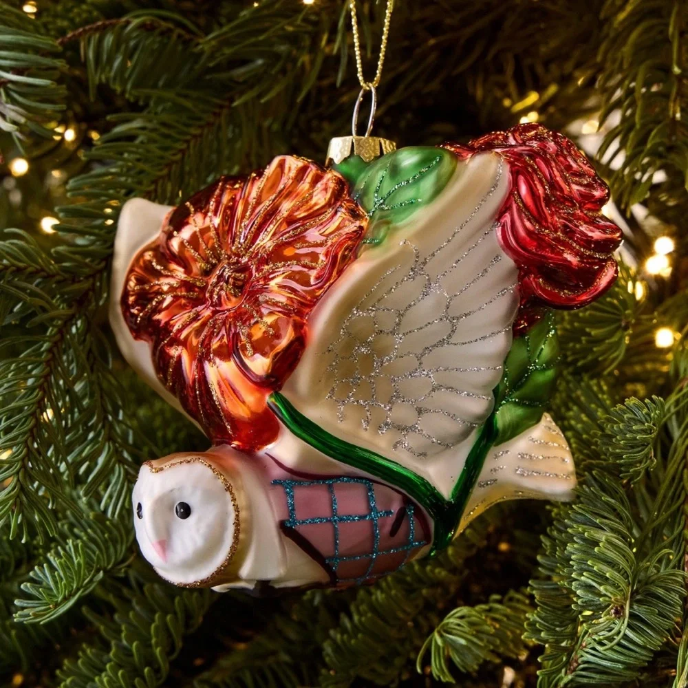 West Elm Floral Owl Ornament with Red and Gold Details